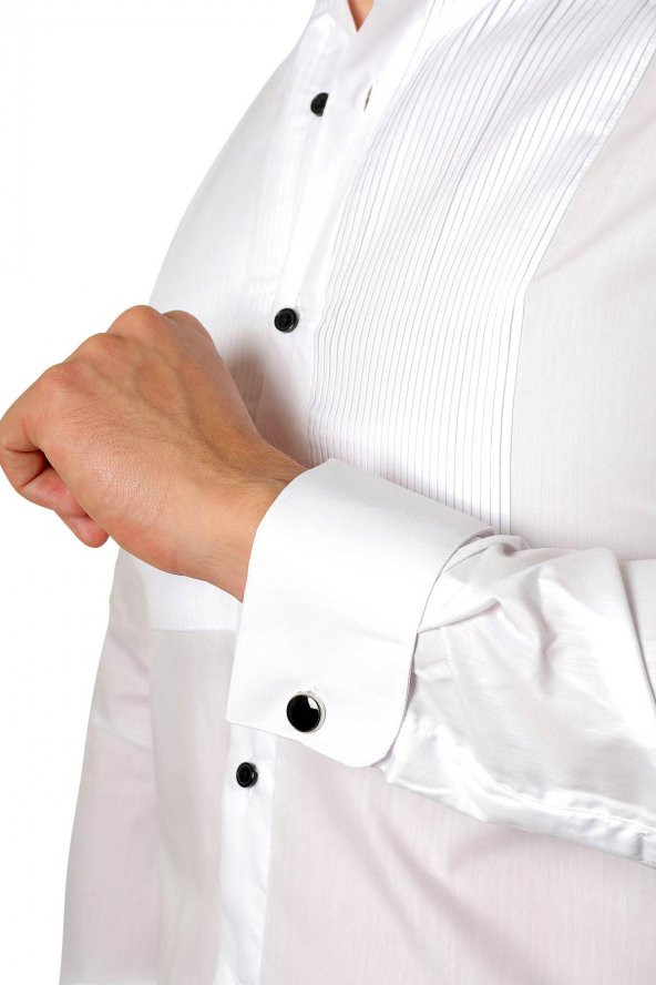 İlhan Işık Erkek Pileli Ata Yaka Saten Slim Fit Smokin Gömleği - 5