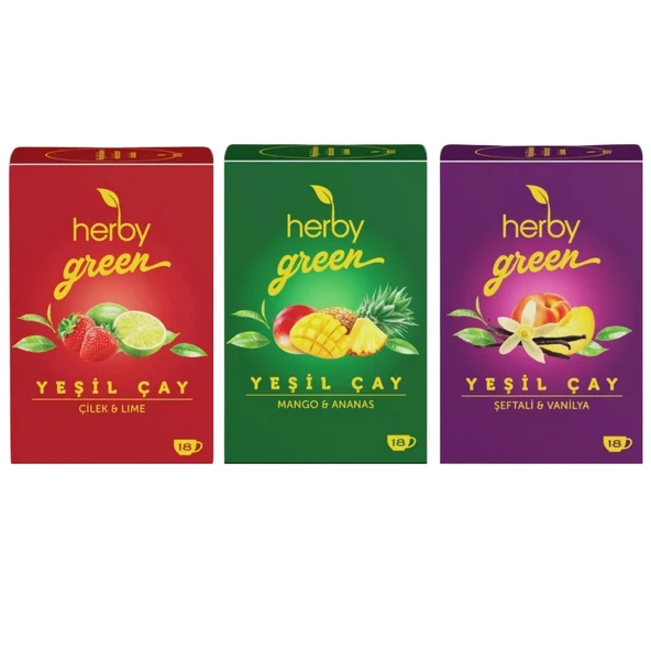 Herby Yeşil Çay Seti 3'lü  (Çilek ve Lime - Mango ve Ananas-  Şeftali ve Vanilya)