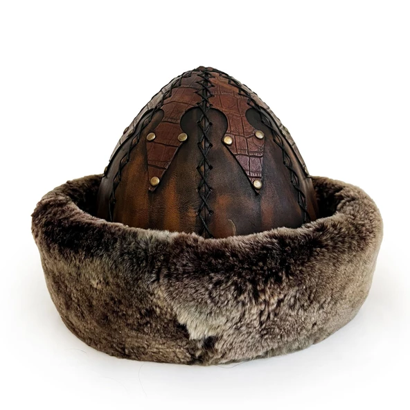 Shark Anatolia Ertuğrul Gazi Zımbalı Metal Broş Çapraz Dikiş Hakiki Deri Börk Şapka Antik Kahve-59 - 5