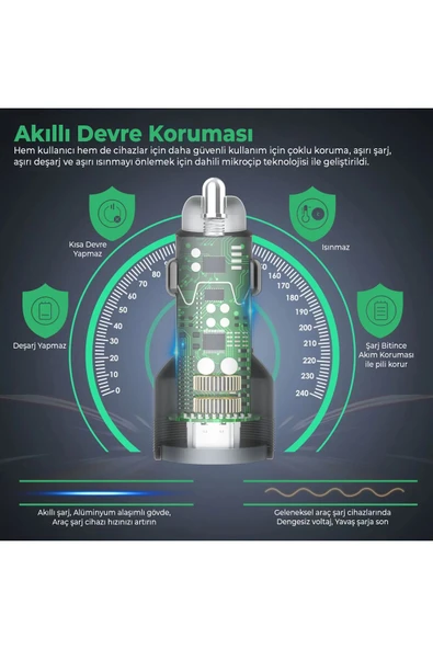 USB Type C Araç Şarj Cihazı - 2 Port, Hızlı Şarj 48W Çakmaklık Adaptörü - 4
