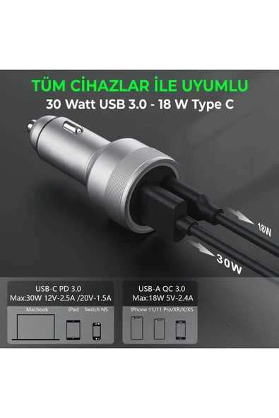 USB Type C Araç Şarj Cihazı - 2 Port, Hızlı Şarj 48W Çakmaklık Adaptörü - 6