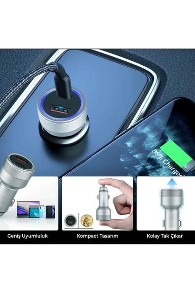 USB Type C Araç Şarj Cihazı - 2 Port, Hızlı Şarj 48W Çakmaklık Adaptörü - 5