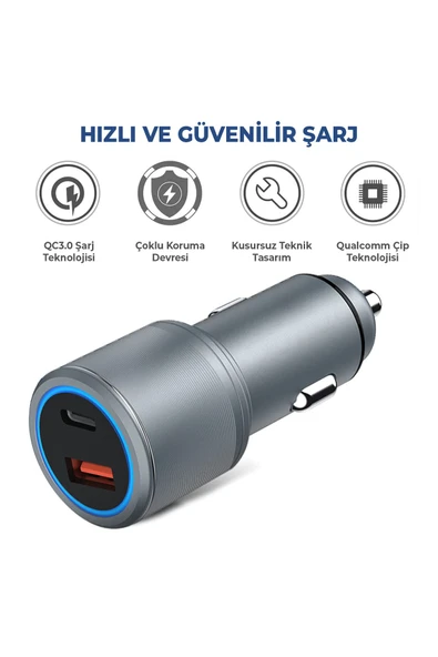 USB Type C Araç Şarj Cihazı - 2 Port, Hızlı Şarj 48W Çakmaklık Adaptörü - 3
