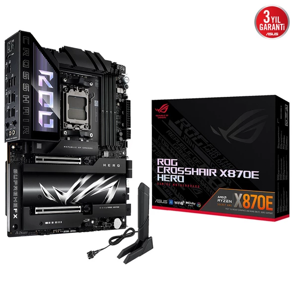 ASUS - ROG CROSSHAIR X870E HERO, 4xDDR5, 5xM.2, HDMI, DP, Type-C, PCIe 5.0, 2xWi-Fi 7, Bluetooth v5.4, AMD Ryzen 9000-8000 ve 7000 Serisi, AM5 Soket Anakart