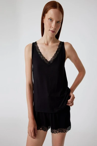 Koton Dantelli Saten Pijama Üstü V Yaka Viskon Kumaş - Resim 2