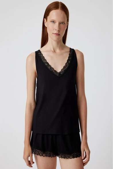 Koton Dantelli Saten Pijama Üstü V Yaka Viskon Kumaş - Resim 3