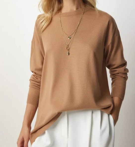 Happiness İstanbul Kadın Bisküvi Bisiklet Yaka Basic Kazak BV00077 Standart ürün görseli 1