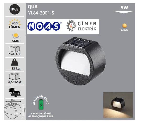 Noas YL84 3001 S 5W Qua Solar Aplik Günışığı ürün görseli