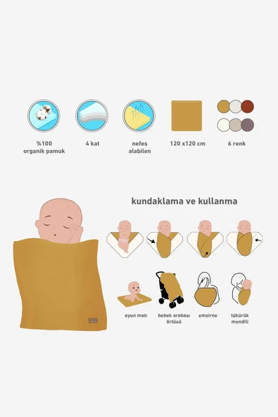 Bistyle Müslin Battaniye 120x120 Cm 70101 Hardal - 7