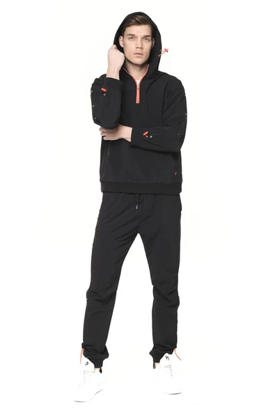 Erkek Paraşüt Kumaş Yarım Fermuarlı Kapüşonlu Kolları Çıtçıtlı Kanguru Cepli İnce Baharlık Sweatshirt - 10