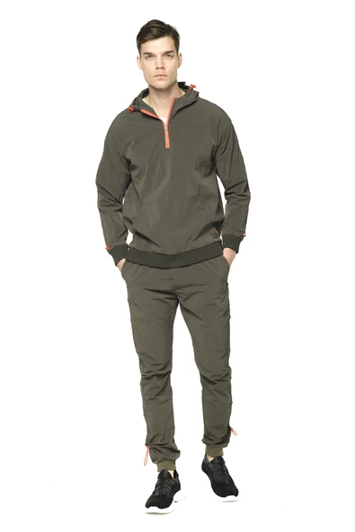 Erkek Paraşüt Kumaş Yarım Fermuarlı Kapüşonlu Kolları Çıtçıtlı Kanguru Cepli İnce Baharlık Sweatshirt - 12