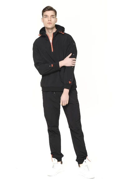 Erkek Paraşüt Kumaş Yarım Fermuarlı Kapüşonlu Kolları Çıtçıtlı Kanguru Cepli İnce Baharlık Sweatshirt - 7