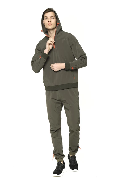 Erkek Paraşüt Kumaş Yarım Fermuarlı Kapüşonlu Kolları Çıtçıtlı Kanguru Cepli İnce Baharlık Sweatshirt - 3