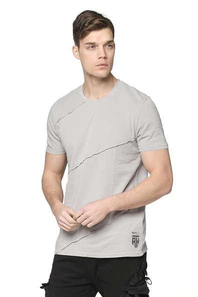 Erkek Bisiklet Yaka Yıkamalı Önü Parçalı Pamuklu Kısa Kollu T-shirt - 3