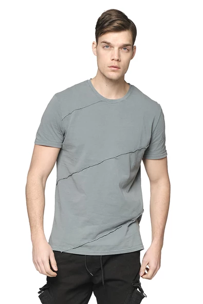 Erkek Bisiklet Yaka Yıkamalı Önü Parçalı Pamuklu Kısa Kollu T-shirt - 12