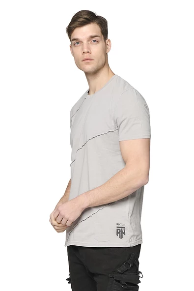 Erkek Bisiklet Yaka Yıkamalı Önü Parçalı Pamuklu Kısa Kollu T-shirt - 4