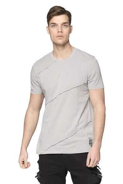 Erkek Bisiklet Yaka Yıkamalı Önü Parçalı Pamuklu Kısa Kollu T-shirt - 2