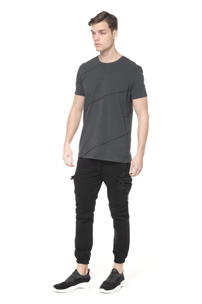 Erkek Bisiklet Yaka Yıkamalı Önü Parçalı Pamuklu Kısa Kollu T-shirt - 11