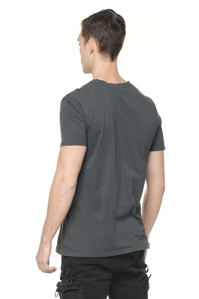 Erkek Bisiklet Yaka Yıkamalı Önü Parçalı Pamuklu Kısa Kollu T-shirt - 9