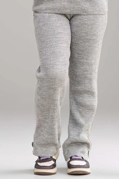 Kız Çocuk Asimetrik Kesim V Yaka Triko Kazak Normal Paça Triko Pantolon Gri Alt Üst Takım - 7