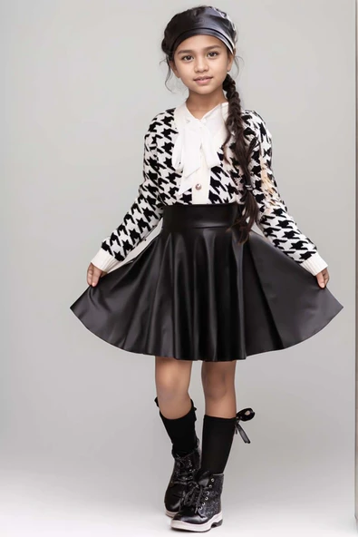 Kız Çocuk Yakadan Bağlamalı Gömlek Triko Hırka Siyah Deri Etekli Takım - 5