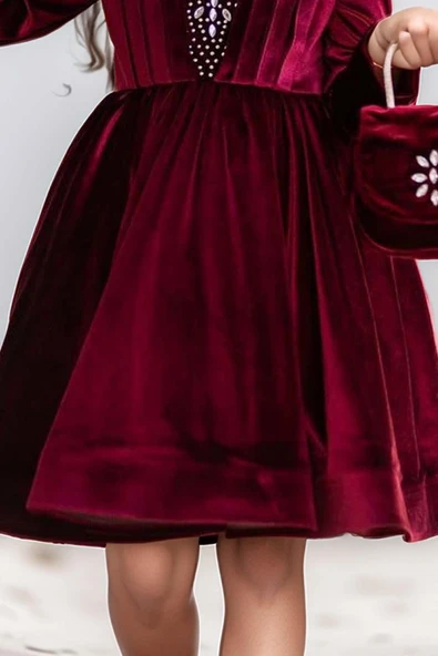 Kız Çocuk Üzeri Çiçek Taş İşlemeli Boğazlı Yaka Bordo Kadife Abiye - Resim 6