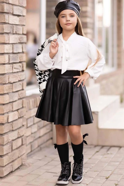 Kız Çocuk Yakadan Bağlamalı Gömlek Triko Hırka Siyah Deri Etekli Takım - 3