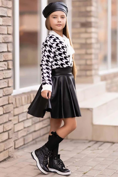 Kız Çocuk Yakadan Bağlamalı Gömlek Triko Hırka Siyah Deri Etekli Takım - 4