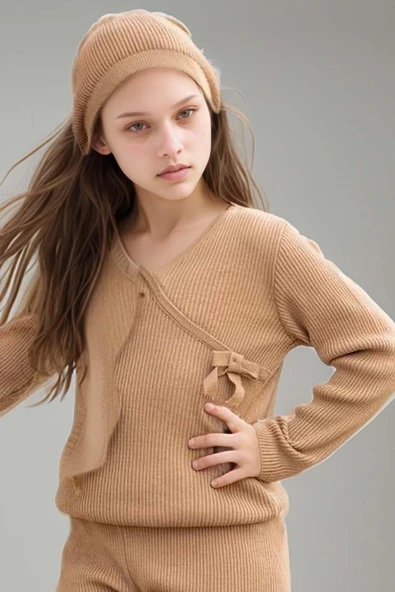 Kız Çocuk Asimetrik Kesim V Yaka Triko Kazak Normal Paça Triko Pantolon Kahverengi Alt Üst Takım - 6