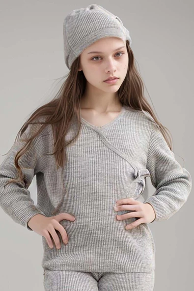 Kız Çocuk Asimetrik Kesim V Yaka Triko Kazak Normal Paça Triko Pantolon Gri Alt Üst Takım - 6