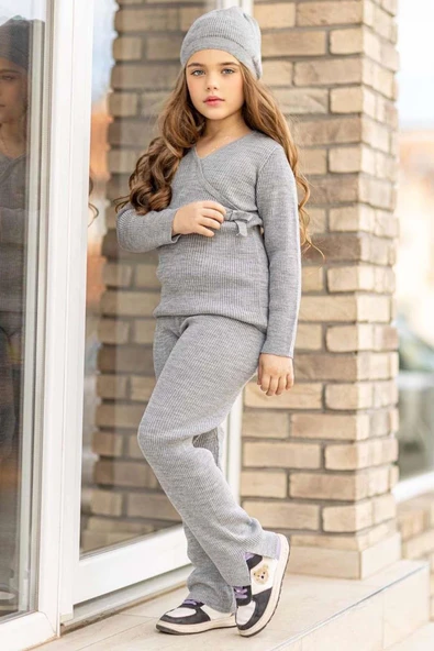 Kız Çocuk Asimetrik Kesim V Yaka Triko Kazak Normal Paça Triko Pantolon Gri Alt Üst Takım - 4
