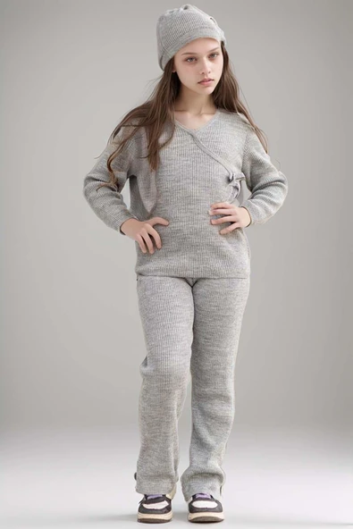 Kız Çocuk Asimetrik Kesim V Yaka Triko Kazak Normal Paça Triko Pantolon Gri Alt Üst Takım - 5