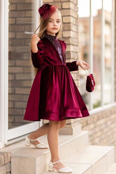 Kız Çocuk Üzeri Çiçek Taş İşlemeli Boğazlı Yaka Bordo Kadife Abiye ürün görseli