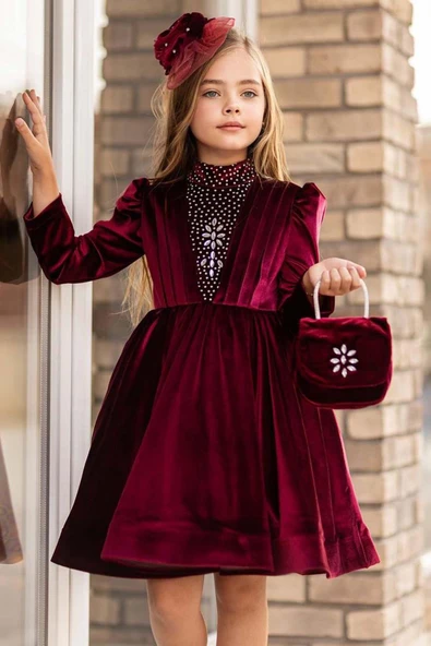 Kız Çocuk Üzeri Çiçek Taş İşlemeli Boğazlı Yaka Bordo Kadife Abiye - Resim 2