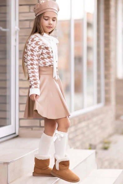 Kız Çocuk Yakadan Bağlamalı Gömlek Triko Hırka Kahverengi Deri Etekli Takım - 2