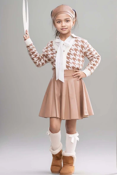 Kız Çocuk Yakadan Bağlamalı Gömlek Triko Hırka Kahverengi Deri Etekli Takım - 5