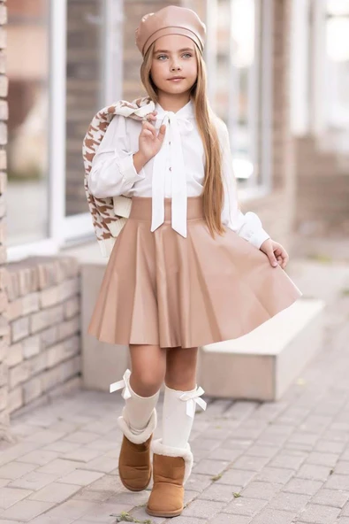 Kız Çocuk Yakadan Bağlamalı Gömlek Triko Hırka Kahverengi Deri Etekli Takım - 3