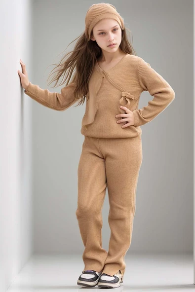 Kız Çocuk Asimetrik Kesim V Yaka Triko Kazak Normal Paça Triko Pantolon Kahverengi Alt Üst Takım - 5