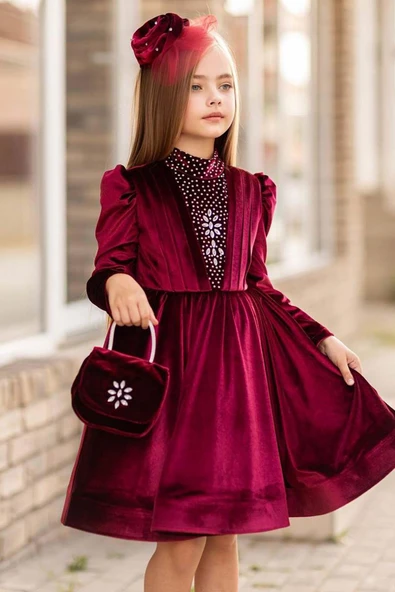 Kız Çocuk Üzeri Çiçek Taş İşlemeli Boğazlı Yaka Bordo Kadife Abiye - Resim 3