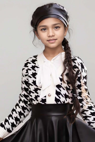 Kız Çocuk Yakadan Bağlamalı Gömlek Triko Hırka Siyah Deri Etekli Takım - 6