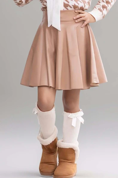 Kız Çocuk Yakadan Bağlamalı Gömlek Triko Hırka Kahverengi Deri Etekli Takım - 7