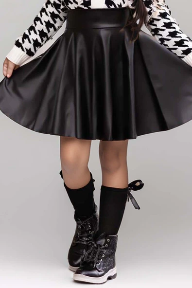 Kız Çocuk Yakadan Bağlamalı Gömlek Triko Hırka Siyah Deri Etekli Takım - 7