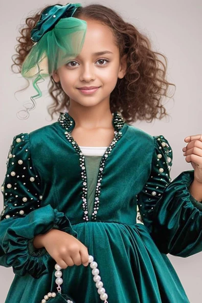 Kız Çocuk Yakadan Göğse ve Omuzları İnci İşlemeli Balon Kollu Yeşil Kadife Abiye - Resim 6