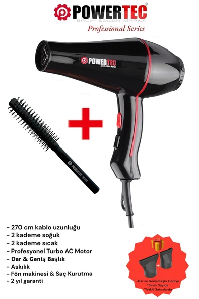 Powertec TR-601 Profesyonel Fön Makinesi + Berber Fön Fırçası
