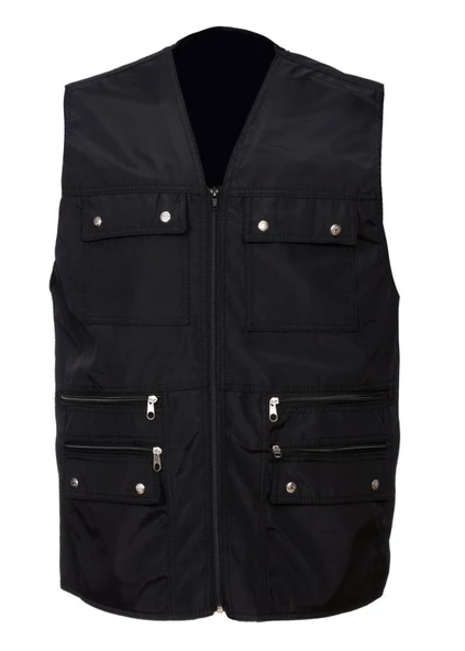 Battal Boy Yazlık Kumaş Avcı Yelek Siyah Renk - 8