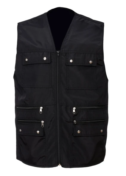 Battal Boy Yazlık Kumaş Avcı Yelek Siyah Renk - 10