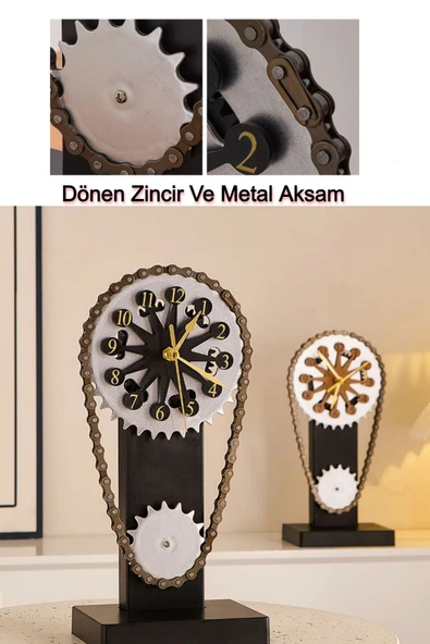 Dekoratif Masa Üstü ve Duvar Monteli Saat – 3D Zincir Dişli Tasarım, Modern Dönüşlü Saat - 5