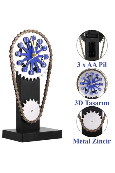 Dekoratif Masa Üstü ve Duvar Monteli Saat – 3D Zincir Dişli Tasarım, Modern Dönüşlü Saat - 2