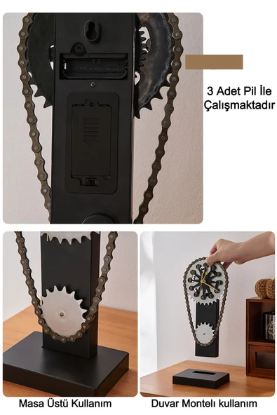 Dekoratif Masa Üstü ve Duvar Monteli Saat – 3D Zincir Dişli Tasarım, Modern Dönüşlü Saat - 3
