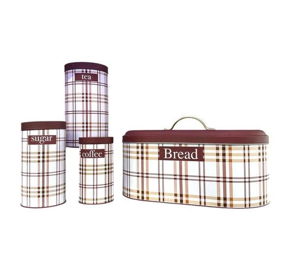 Ekose ve Yaprak Desenli Metal Ekmeklik Ve 3'lü Kavanoz Set - 6